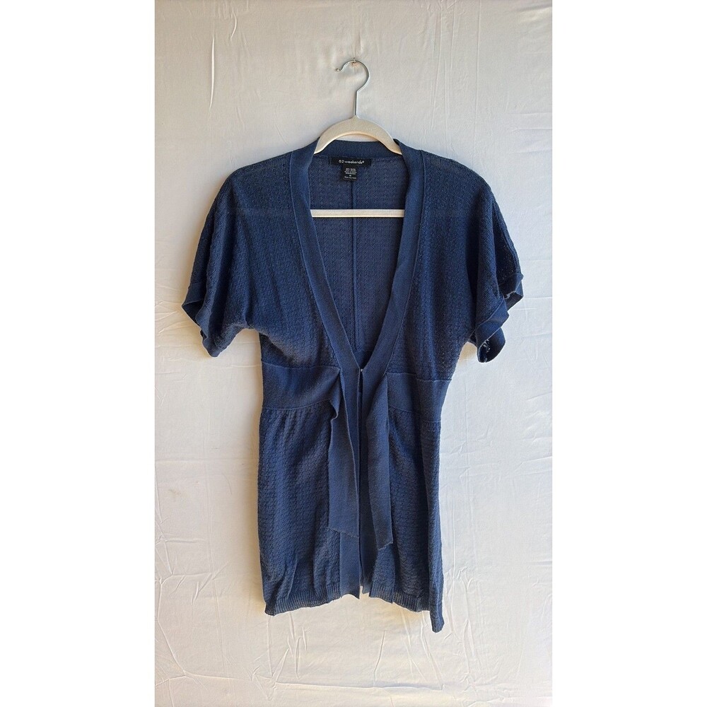 52 Weekends Blue Ramie Blend Tie-Front Pointelle Knit Cardigan Medium